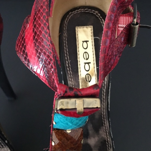 Bebe Island Heels Open Toe Snakeskin T-Strap Double Ankle Strap Gems 8M Platform - Picture 5 of 11